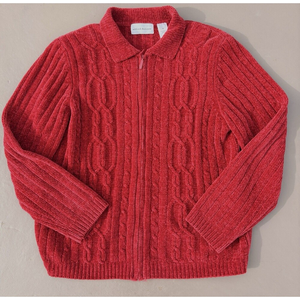Alfred Dunner Women's Red Cable-Knit Full Zip Collared Sweater Long Sleeve M